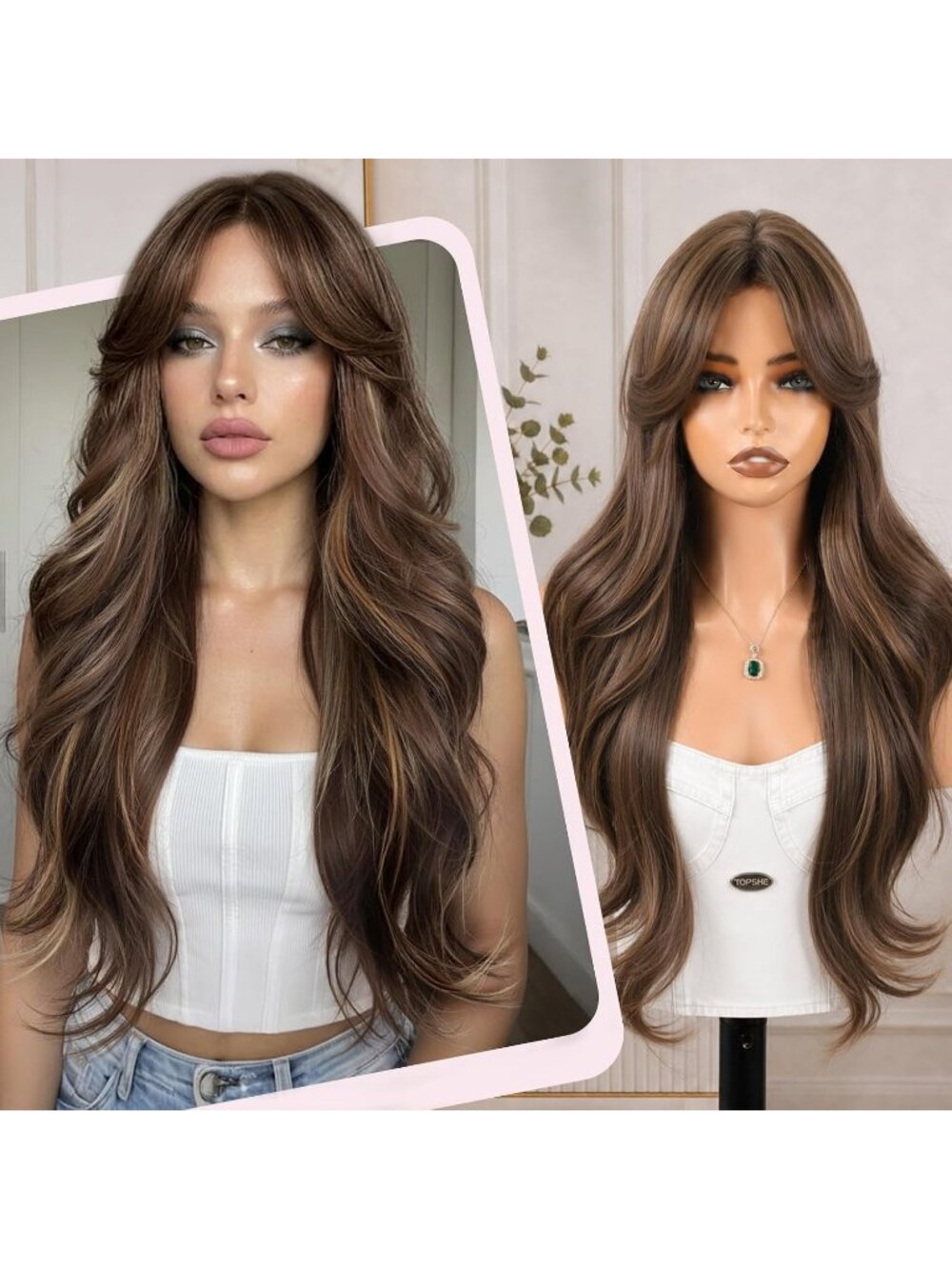 24 Inch Women's Fashion Brown Blonde Long Synthetic Wavy Curly Wig with Bangs